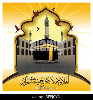 Die heilige Kaaba und die Große Moschee in Mekka mit arabischer Schrift, die Essenz der Hajj Mubarak-Feier mit Vögeln und leuchtenden Lichtern einfangend Stock Vektor