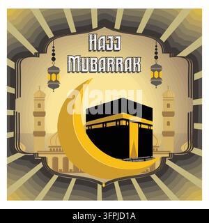 Elegante islamische Themenausstellungen mit der Nachricht „Hajj Mubarak“ über der Kaaba und dem Halbmond, die den Glauben, die Spiritualität und die jährliche Hadsch-Pilgerreise symbolisieren Stock Vektor