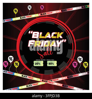 Attraktives Werbebanner-Design für das Black-Friday-Verkaufsevent, das Rabatte und Gutscheine bietet, um Kunden während der großen Feiertagsverkäufe anzulocken. Flach Stock Vektor