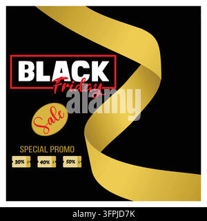 Eine stilvolle Black-Friday-Angebotsanzeige mit einem eleganten Goldbanddesign, auffällig dargestellten Rabatten und einem kräftigen schwarz-roten Farbschema, perfekt für Stock Vektor
