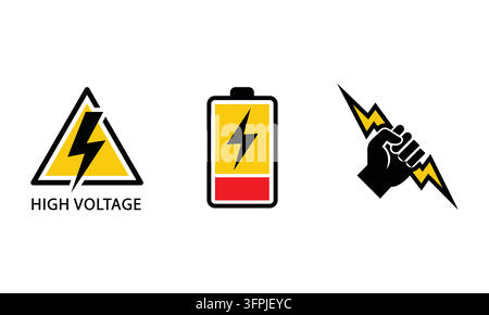 Symbolset für elektrische Energie mit Hochspannungs-Warnung, Batteriestatus und Kraftgriff für professionelle Designprojekte Stock Vektor