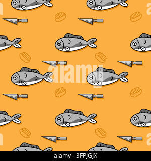 Fisch-Cartoon so niedlich. auf Messersushi und gelbem Hintergrund. Vektor-Illustrationsmuster nahtlos. Stock Vektor