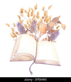 Offenes Buch mit einem getrockneten Blumenstrauß in Aquarelltechnik in weichen Lavendel-Ocker-Tönen, Seiten aufgeschlagen mit einem langen Leseband als Lesezeichen, zarte Botanik Stockfoto