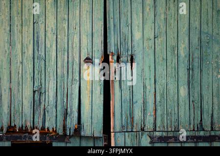 Nahaufnahme von alten türkisfarbenen Holztüren mit abblätternder Farbe, abgenutzten Brettern und rustikalen Eisenbeschlägen auf der Nordseeinsel Sylt, Deutschland. Stockfoto