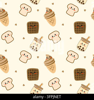 Dessert-Lächeln-Cartoon so süß. Brot-Eis-Pfannkuchen-Bubble-Tea. Auf Herz-Hintergrund. Nahtloses Muster-Vektorillustration. Stock Vektor