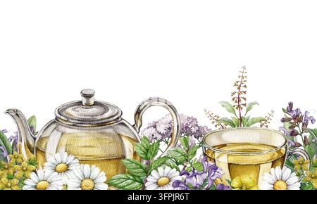 Blumenborder zur Teezeit mit Teekanne, Tasse Kräutertee, Kamille, Lavendel, Minze und Apothekerkräuter. Handgezeichnete Aquarellillustration als Bordüre Stockfoto