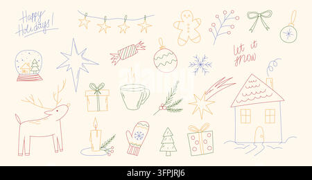 Weihnachtliche verspielte Kritzeleien mit Geschenken, Girlanden und festlichen Symbolen. Handgezeichnete Feiertagsillustrationen im süßen Vintage-Stil. Satz isolierter Vektorskizzen für Winterparty-Einladungen und Karten. Stock Vektor