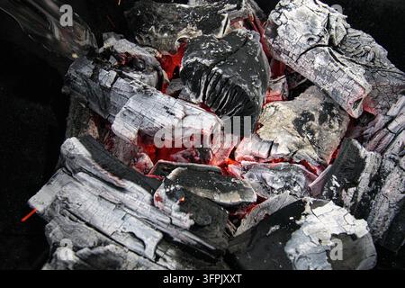 Glühende Holzkohlestücke, bedeckt mit weißer Asche und rot glühenden Funken zwischen den Rissen. Dunkle rauchige Textur für Grillwerbungen, Kochblogs, hea Stockfoto