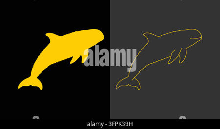Schwimmende Delphin-Silhouette-Ikone in fester und Konturenlinienkunst mit Schwimmen Stock Vektor