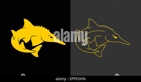 Saitenfisch-Silhouette und Linienkunst-Stil-Ikonen auf geteiltem schwarzem und grauem Hintergrund Stock Vektor