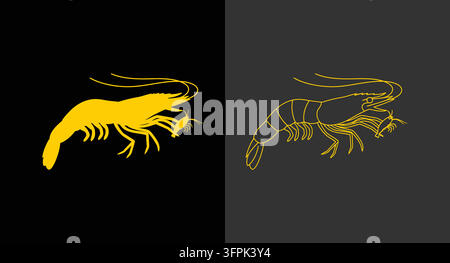Minimalistische goldgelbe Garnelen-Silhouette und Linienkunst-Ikone mit Gold-Ikone Stock Vektor