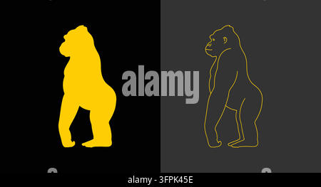 Minimalistischer gelber Gorilla-Silhouetten- und Umriss-Ikonensatz mit wildem Tier Stock Vektor