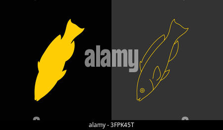 Fisch-Silhouette und Linienkunst-Illustration mit schwarzem Hintergrund Stock Vektor
