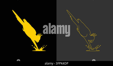 Cockatoo-Taucher-Silhouette und Linienkunst-Stil-Set mit tauchendem Vogel Stock Vektor