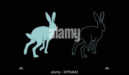 Illustrationenset mit laufendem Hase in Voll- und Umrissstil mit schwarzem Hintergrund Stock Vektor