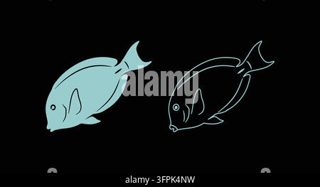 Fisch-Symbol und Linienart-Umriss auf schwarzem Hintergrund mit Fisch-Silhouette Stock Vektor