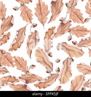 Herbst-Eichenblätter in einem nahtlosen Aquarellmuster. Eine isolierte Illustration für getrocknete Obstverpackungen, Kinderbekleidungsgestaltung, Tapeten Stockfoto