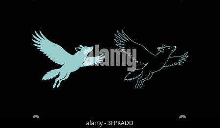 Minimalistische grafische Symbole eines Flughundes auf schwarzem Hintergrund mit Tiersymbol Stock Vektor