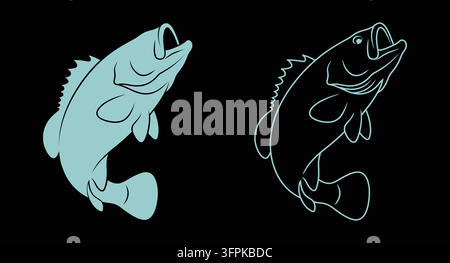Springfisch-Symbole mit soliden Silhouetten- und Umrissgrafikstilen Stock Vektor