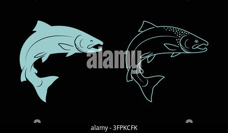 Illustration eines springenden Lachses mit fester Silhouette und detailliertem Umriss Stock Vektor