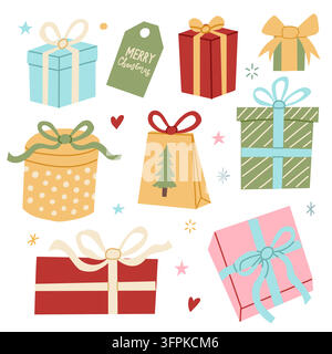 Handgezeichnete Weihnachtsgeschenkboxen und verpackte Geschenke, die mit Schleifen und Geschenzetiketten dekoriert sind, ideal für Weihnachtskarten, Geschenkverpackungen, Verpackungen, Status Stock Vektor