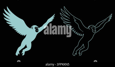 Fliegender Affe mit Flügeln, Silhouetten-Grafik-Illustration Stock Vektor