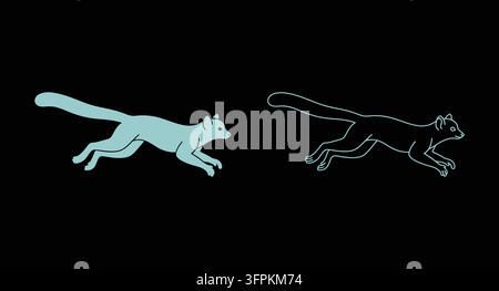 Laufender Fuchs-Silhouette und Umriss-Symbolset auf schwarzem Hintergrund mit wildem Tier Stock Vektor