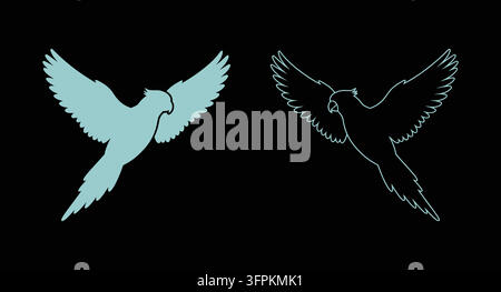 Fliegende Papagei-Silhouette und Umriss-Ikonen-Illustrationsset auf schwarzem Hintergrund Stock Vektor