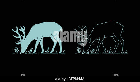 Silhouette und Linienkunst eines Rehs, das auf schwarzem Hintergrund grast, mit Tiersilhouette Stock Vektor