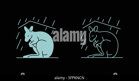 Minimalistische Känguru-Ikone sitzt in einer Regenillustration mit Känguru Stock Vektor