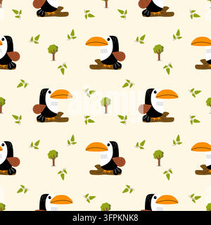 Hornvogel-Cartoon so niedlich. Auf Hintergrund aus Baumblatt. Nahtloses Muster-Vektorillustration. Stock Vektor