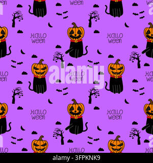 Schwarzer Katzenkopf-Kürbiskarton so süß. Auf Fledermaus-Wolken-Baum lila Hintergrund. Fröhliches Halloween. Nahtloses Vektor-Muster. Stock Vektor