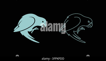 Action-Pose-Papageien-Ikonen-Set in Silhouette und Linienkunst mit schwarzem Hintergrund Stock Vektor