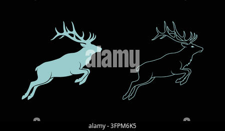 Illustration eines springenden Hirsches in fester Silhouette und linearer Stil mit springendem Reh Stock Vektor