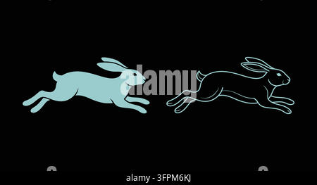 Laufender Hasen-Symbolsatz in Silhouette- und Umrissstil mit Tiersilhouette Stock Vektor
