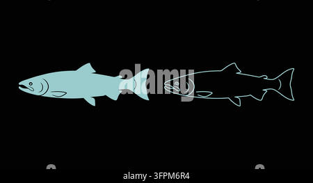 Silhouetten- und Umriss-Icons von Lachs auf schwarzem Hintergrund mit Fisch-Symbol Stock Vektor