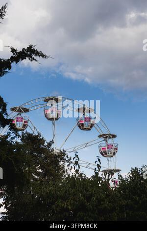 Rosa und weiße Gondeln eines Riesenrads, die über dunklen immergrünen Bäumen aufragen, vor einem blauen Himmel mit dramatischen grauen Gewitterwolken. Stockfoto