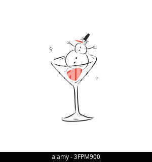 Niedlicher Schneemann in einem Cocktailglas, skurzes Weihnachtsgetränk mit rotem Akzent, minimalistische handgezeichnete Weihnachts-Vektorillustration Stock Vektor
