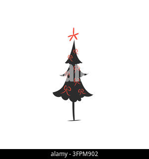 Minimale Weihnachtsbaum mit roten Schleifen und Stern, handgezeichnete skandinavische Feiertagsdekoration Vektorillustration Stock Vektor
