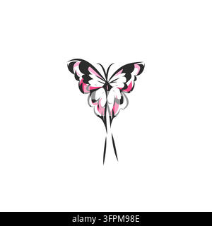Y2K Stammes-Schmetterling, Rosa und Schwarzes Gothic-Tattoo-Symbol, Symmetrisches Mystisches Schmetterlingsgrafik, Trendige Vektorillustration Stock Vektor