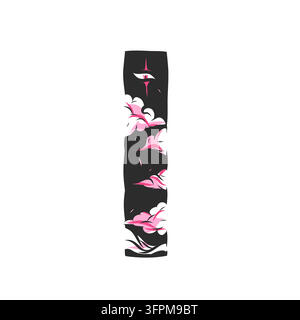 Japanisches florales Tattoo-Ornament mit mystischem Auge, schwarz-pinkes botanisches vertikales Design, asiatische Fantasy-dekorative Vektorillustration Stock Vektor