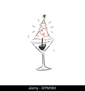Weihnachtsbaum in Cocktailglas mit rotem Girlandenbesatz, festliche Feiertagsgetränke-Minimal-Linien-Kunst-Vektorillustration Stock Vektor