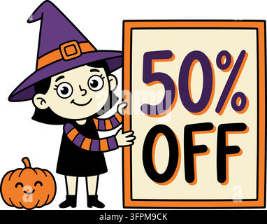 Süße Hexe hält ein Schild mit fünfzig Prozent Rabatt für Halloween, isoliert auf transparentem Hintergrund Stock Vektor