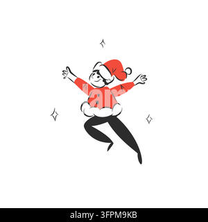 Fröhlicher Weihnachtswichtel springt in einem Weihnachtsmannhut, niedlicher festlicher Feiertagscharakter, verspielte handgezeichnete Weihnachts-Vektorillustration Stock Vektor