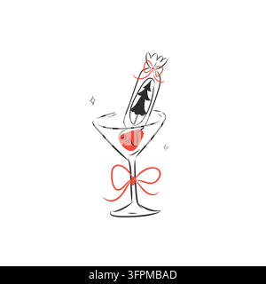 Weihnachtscocktail mit festlichem Baumschmuck und roter Schleife, eleganter Feiertrinksel handgezeichnete Minimal-Linien-Kunst-Vektor-Illustration Stock Vektor