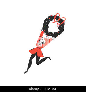 Glückliche Frau hält einen Weihnachtskranz mit roter Schleife, festliche Weihnachtsdekoration handgezeichnete weibliche Charakter-Vektorillustration Stock Vektor