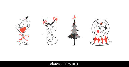 Weihnachtsfeiertags-Set mit Schneemann-Cocktail, festlichem Rentier, geschmücktem Weihnachtsbaum und Schneekugel, handgezeichnete Retro-Vektorillustration Stock Vektor