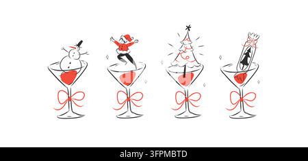 Weihnachts-Cocktail-Set mit Schneemann, Weihnachtself, Weihnachtsbaum und festlichem Ornament, handgezeichnete Feiertags-Vektor-Illustrationen Stock Vektor
