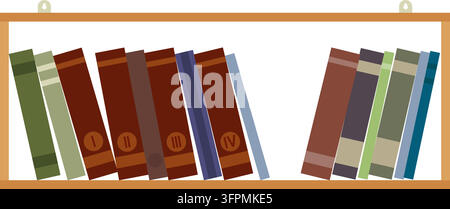 Hängendes Wandregal voller klassischer Bücher Vektorillustration. Sauberes minimalistisches Heimbüromöbelelement. Holzregal an der Wand hängend gefüllt Stock Vektor