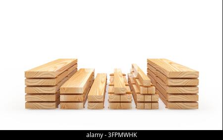 Ordentlich gestapelte Holzbretter, Planken und Balken unterschiedlicher Größen sind in Reihen angeordnet und zeigen Bau- und Tischlermaterialien in 3D-Rendering. Stockfoto